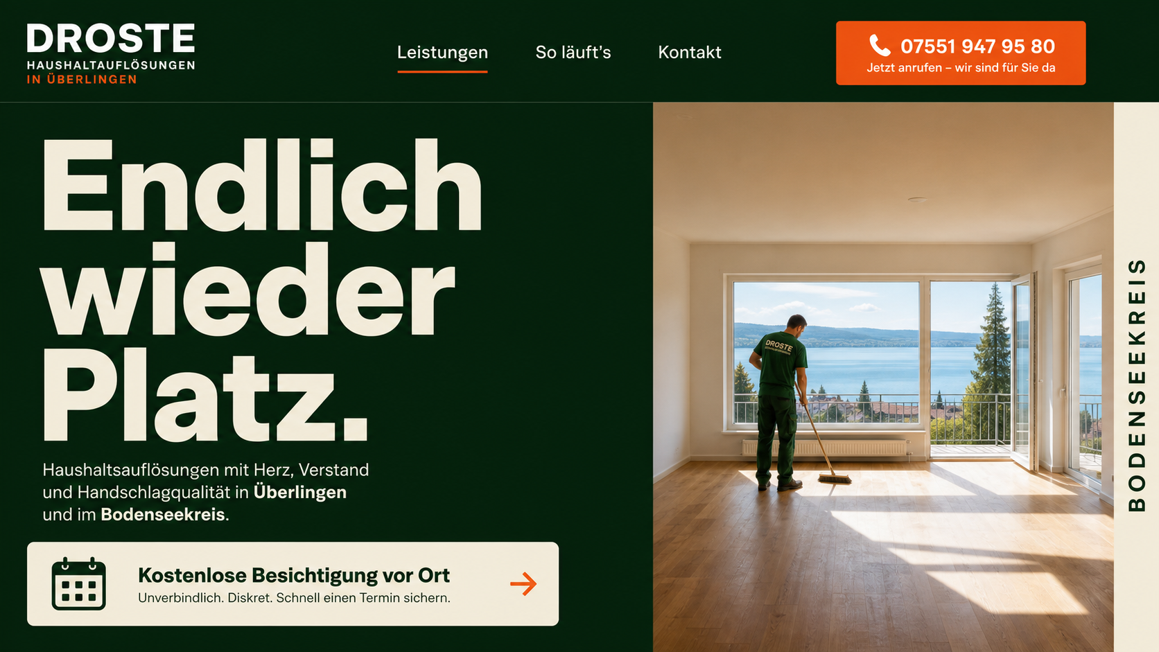 Mitarbeiter von Droste bei der besenreinen Übergabe einer geräumten Wohnung mit Blick auf den Bodensee